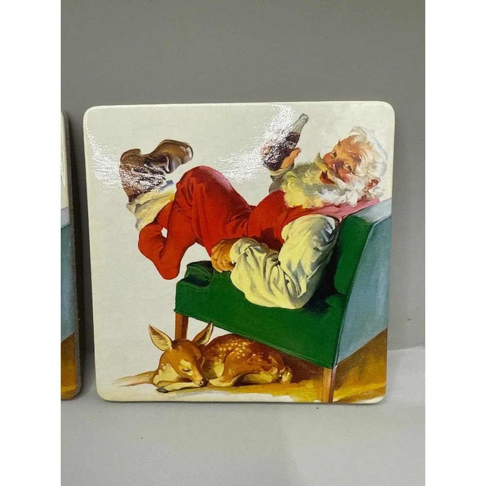 Coca Cola Santa Claus‎ Deer Coasters Cork Set 4 Vintage Christmas Coke